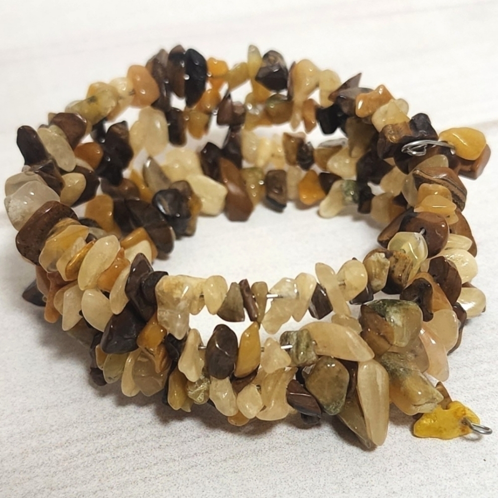 Yellow Aventurine & Brown Jasper Chip Coil Wrap Bracelet – Handmade – New